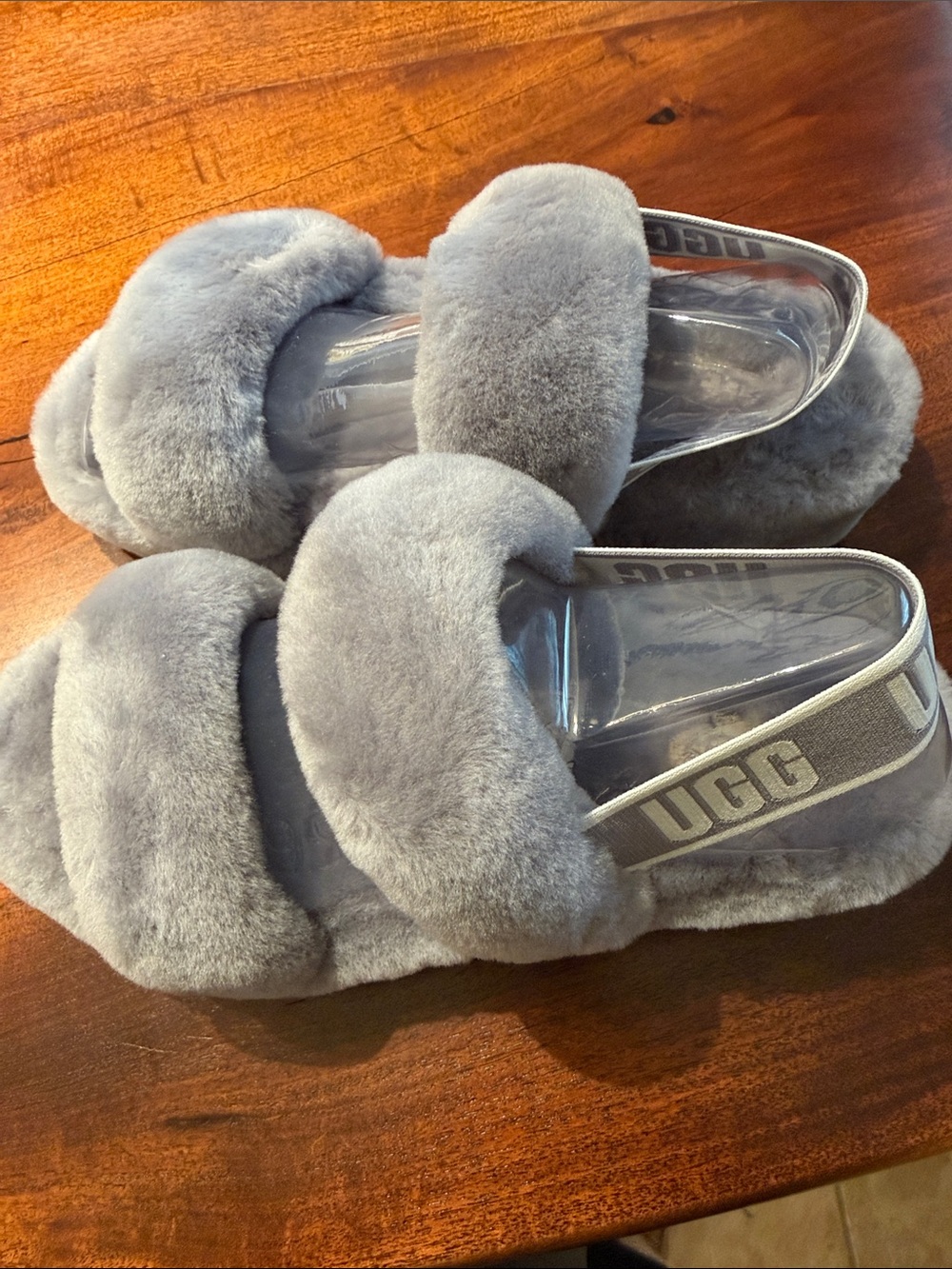 UGG Light Gray Fluff Slide Sandals with Branded Heel Strap - Picture 2 of 3